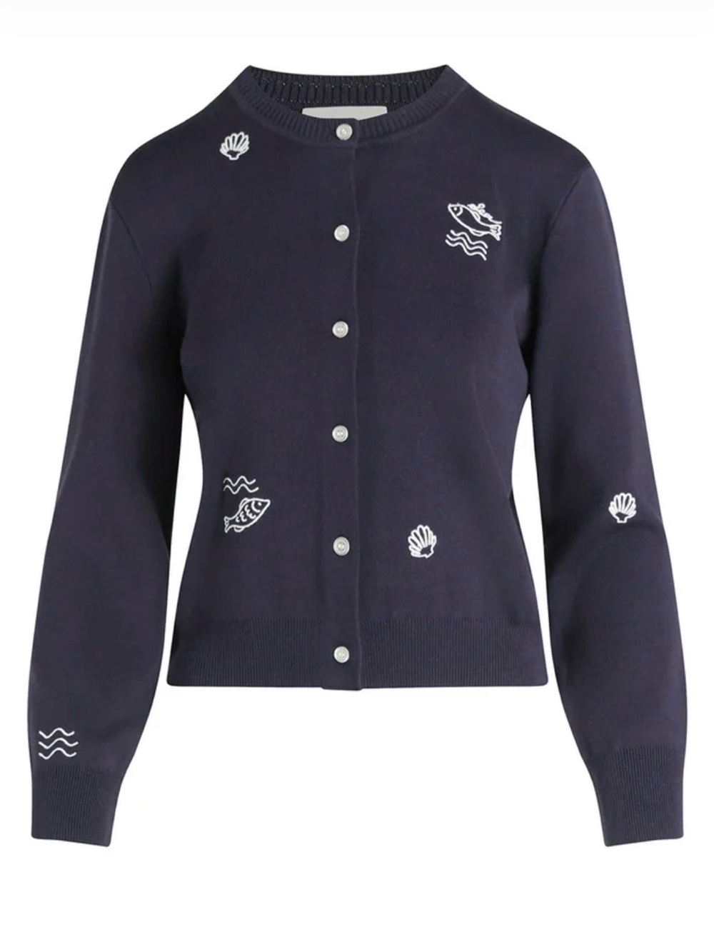 Free Assembly Embroidered Navy Cardigan with Nautical Motifs